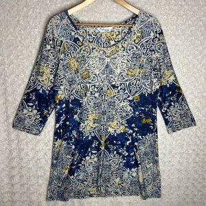 High Fifth Women’s Large Top Blue Yellow and White Boho Blouse with Half Sleeves